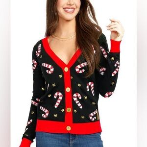 TIPSY ELVES WOMEN'S SEQUIN CANDY CANE CARDIGAN SWEATER SIZE LARGE